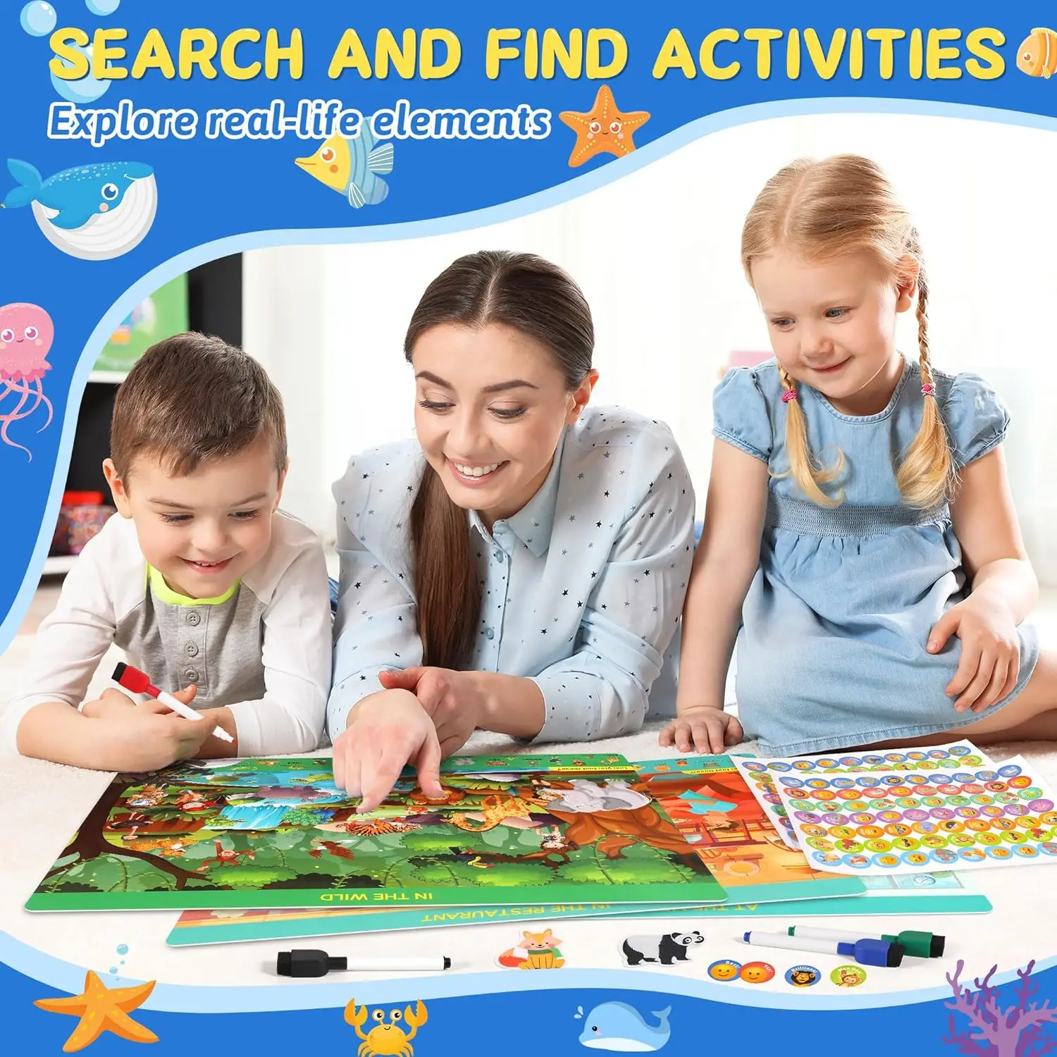 Search and Find Busy Book for Kids Preschool Learning Activities Cards with 4 Dry Erase Markers Learning Reusable Activity Mats