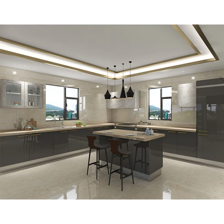 Modern gray color glossy mdf wood kitchen cabinets designs full set high gloss grey finish lacquer kitchen cabinet