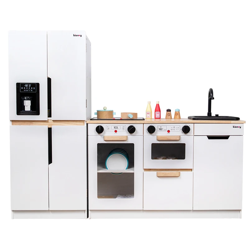 2023 New style open children white wooden kitchen toys play simulation cabinet refrigerator with water sink kitchen toy set