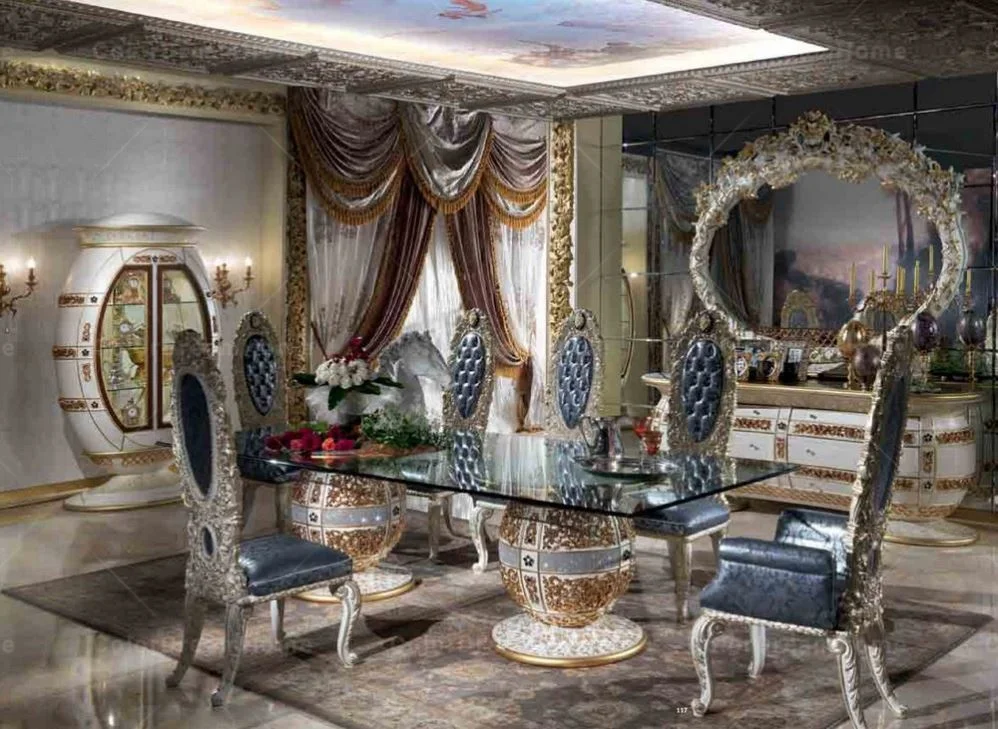Rococo Royal Luxury Furniture Gold Wood Carving Long Dining Table and Chair Set Glass Countertop