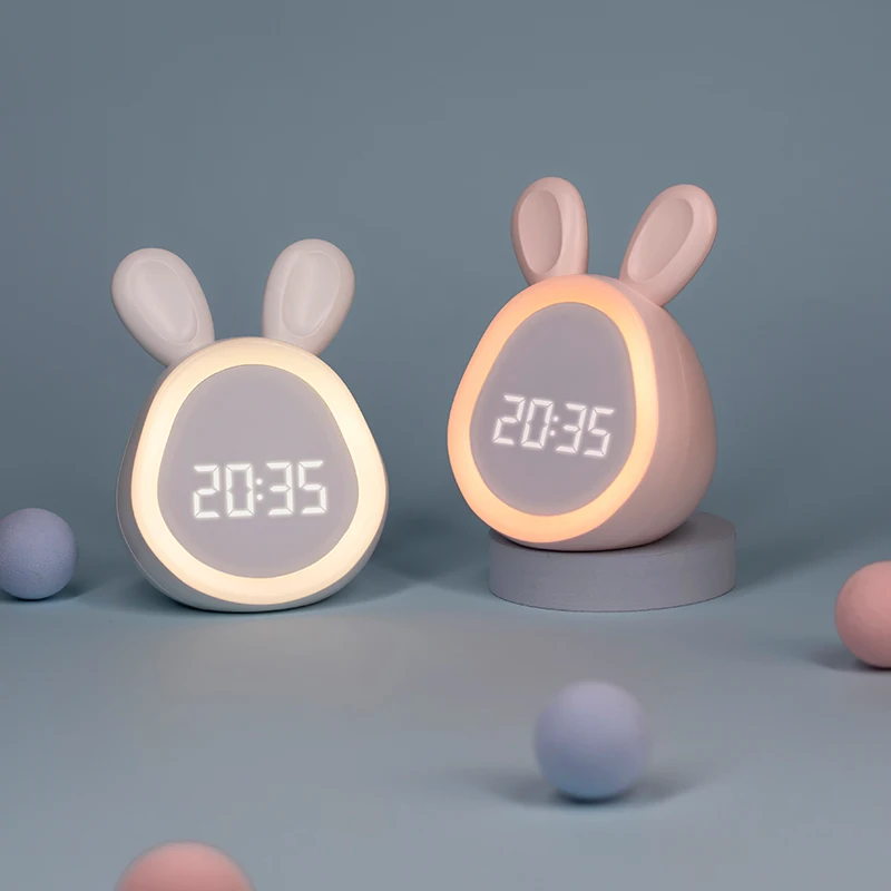 Lovely Round Rabbit Alarm Clock With Light Children Student Cartoon Electronic Digital Clock LED