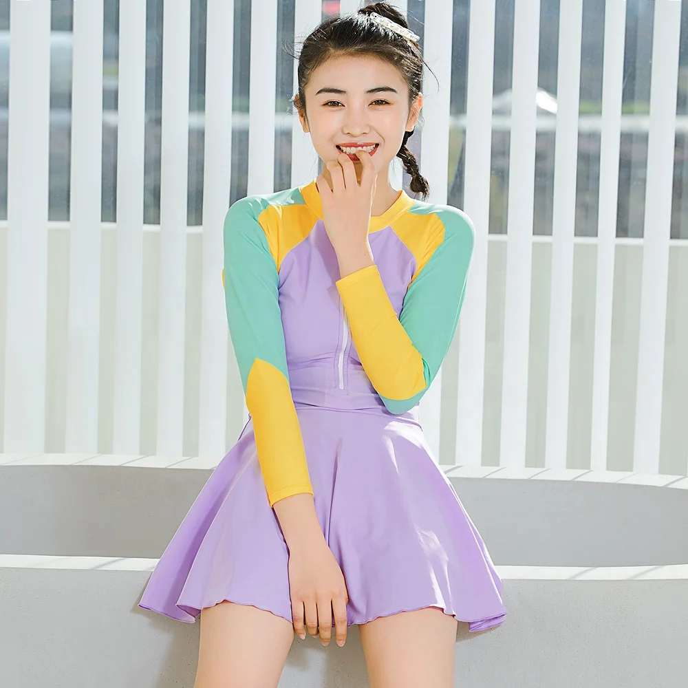 Custom new products girls teenager Sports Long Sleeve sporty Swimsuit swimdress one piece swimwear