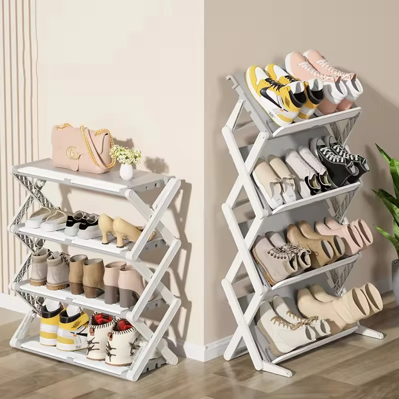 High Quality 4 Tier Portable Shoe Rack Metal Plastic Shoe Organizer Collapsible Foldable Simple Shoe Storage Rack Shelf