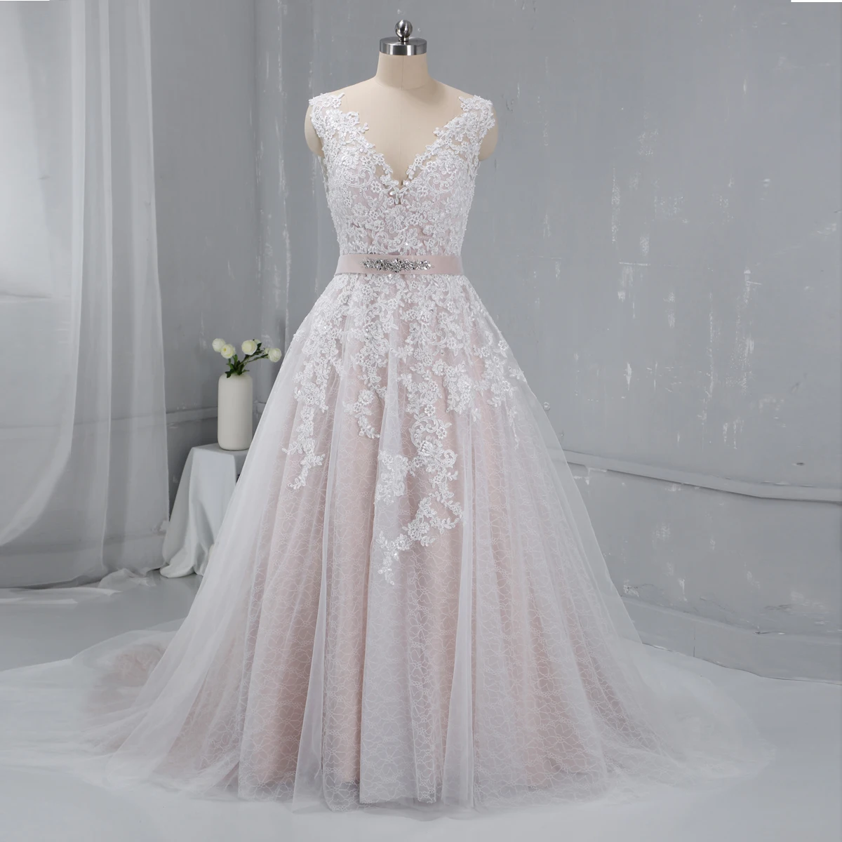Blush color Bridal Gown Beaded Belt Corset Back Wedding Dress