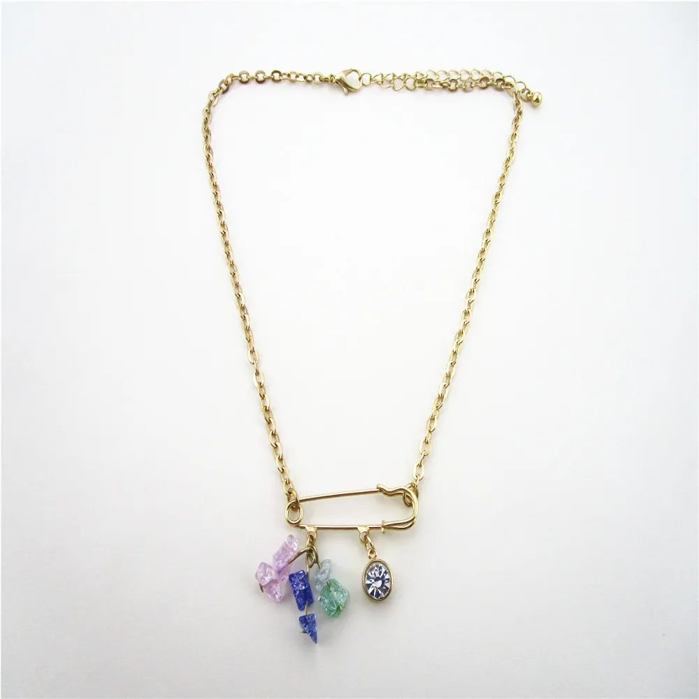 necklaces of safety pin with charms of semi-precious stone jewelry