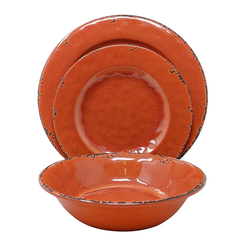 Набор круглых легких тарелок для мытья посуда, 12 шт. деревенских красных комплектов посуды для супермаркета для 4