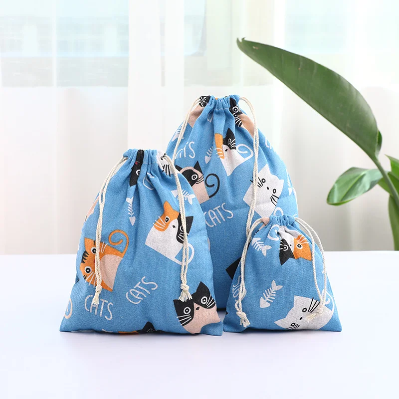 Women Cloth Sachet Cartoon Animal Handmade Cotton Linen Travel Shoes Storage Package Drawstring Bags Small Purse