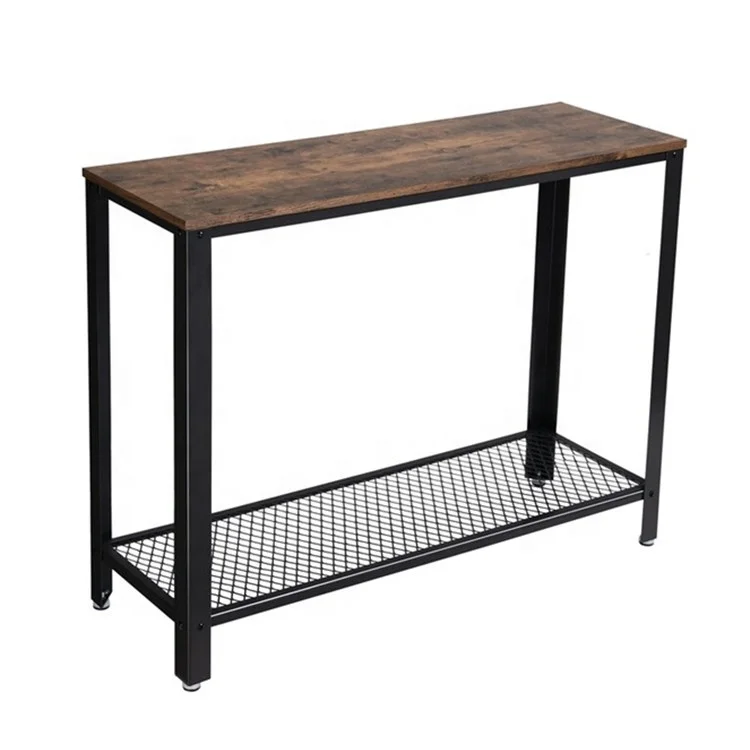 Industrial Style Rustic Brown Wooden Top Entryway Table with Mesh Shelf