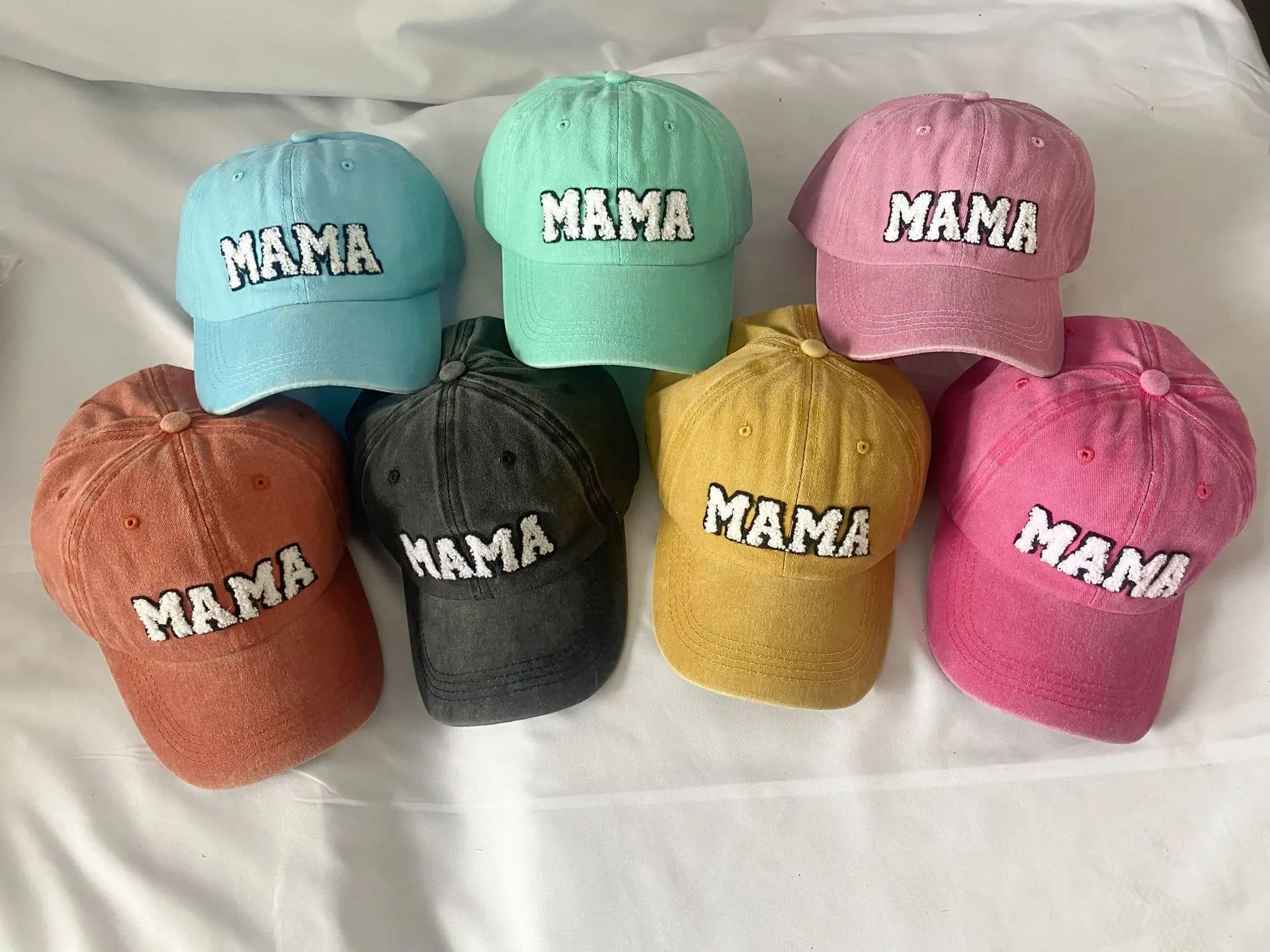 MAMA & MINI Letter Baseball Caps Washed Denim Sports Caps Retro Vintage Cotton Adjustable Solid Color Snapback Hat