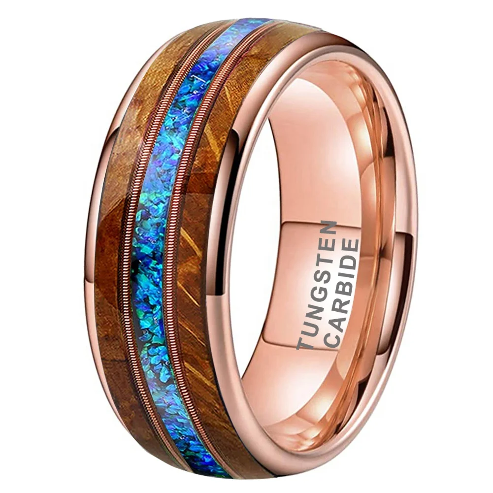Coolstyle Jewelry 8mm Whisky Wood Guitar String Blue Opal Inlay Rose Gold Tungsten Ring for Men Women Engagement Wedding Band