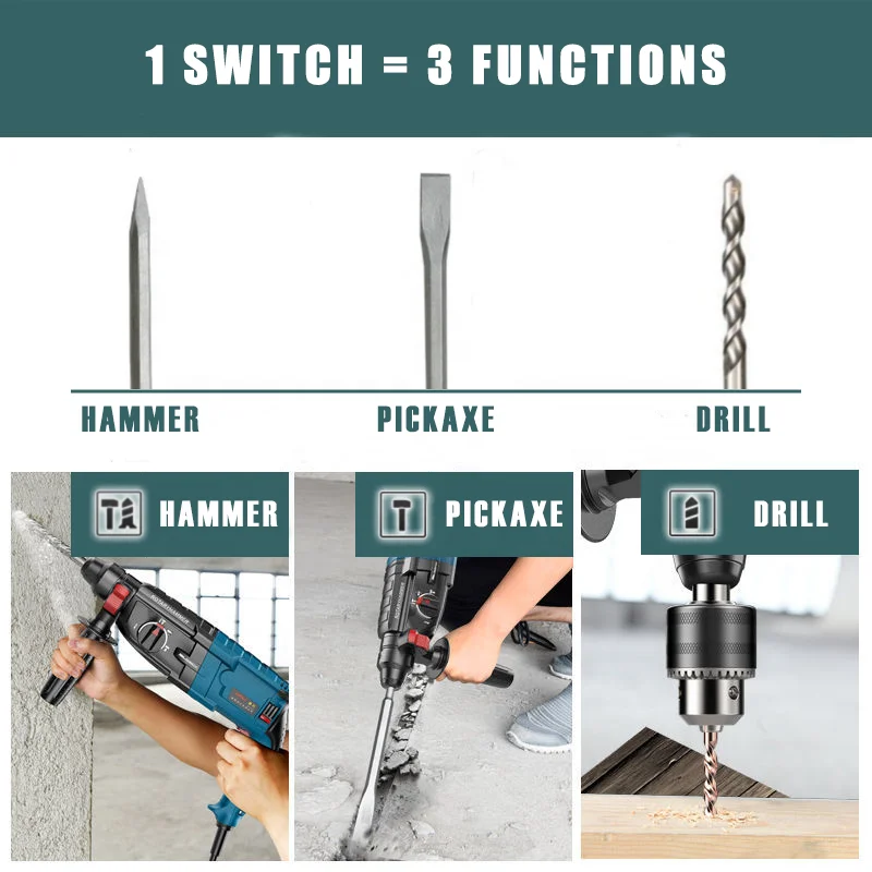 800W 3 Function Jack Hammer Drill 26mm Variable Speed Rotary Hammer Drill Machine For Concrete Steel Wood Drilling