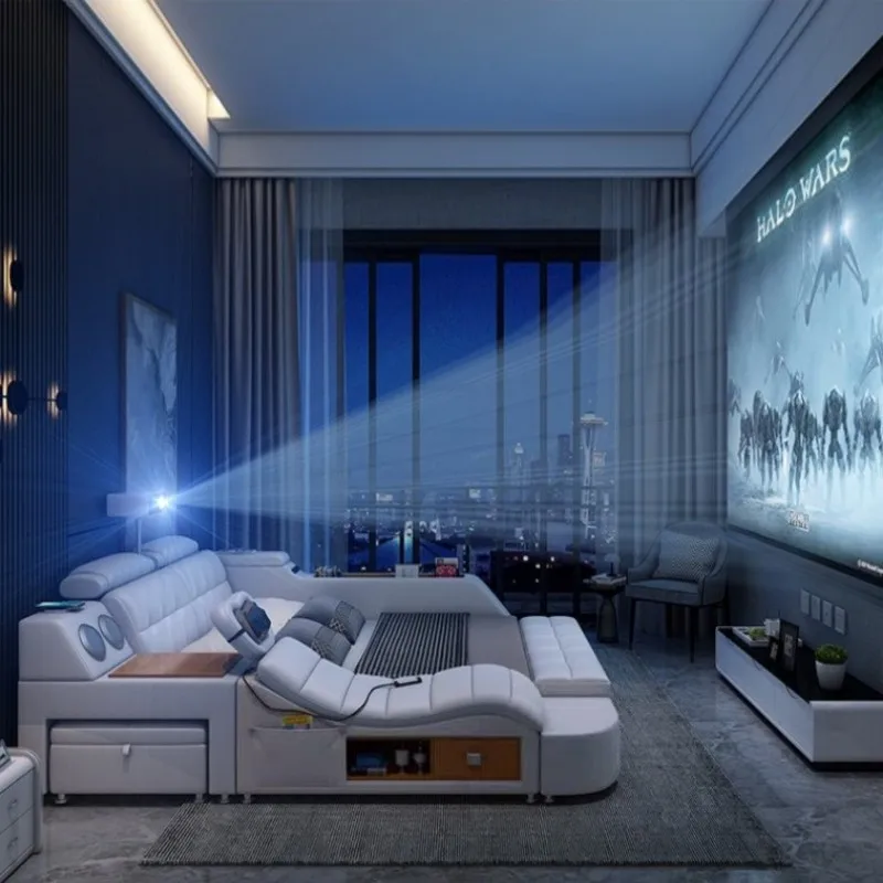 Modern Luxury Genuine Leather Multifunctional Smart Bed with Massage and Projector TV Home Funiture Master Tatami Bedroom Beds