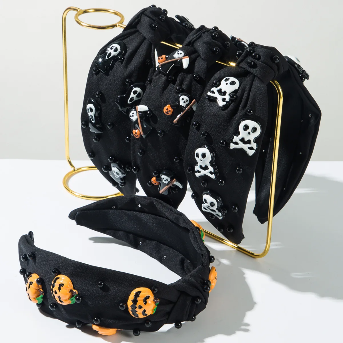 New Dark Black Halloween Ghost Pumpkin Pearl Knotted Headband Personalized Holiday Hair Accessories For Women