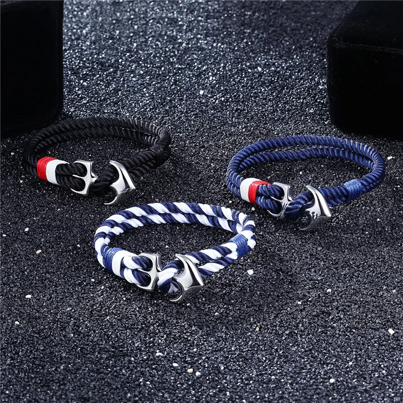 Custom Engraved Logo Navy Blue Rope Bracelets Stainless Steel Anchor Bracelet for Men Women