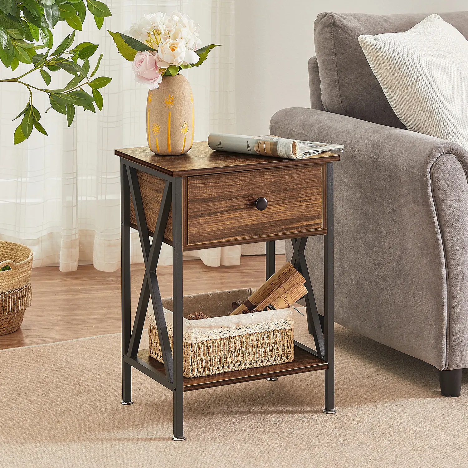 Milestone Modern Design Bohemian Style Metal Flip Top Smart Nightstand Bookcase Bedside Table for Bedroom
