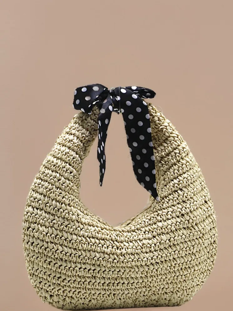 Custom Logo 2024 New Fashion Crochet Bag Straw Beach Bag Shoulder Handbag Hand Woven Tassel Straw Tote Bag For Women