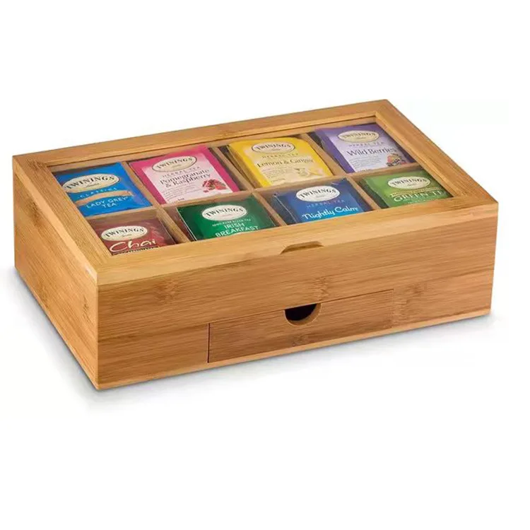 countertop wooden tea box wood chest Premium top tea storage box with lid 8 compartments