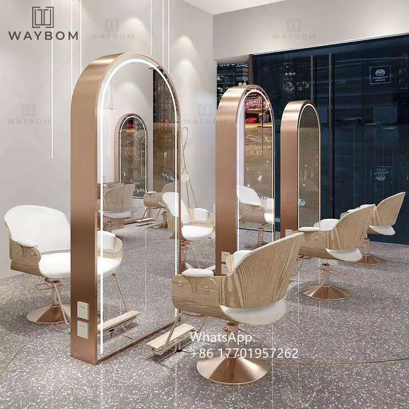 pink metal hair salon mirror station barber stations furniture large mirror salon stylish  led mirror for beauty salon
