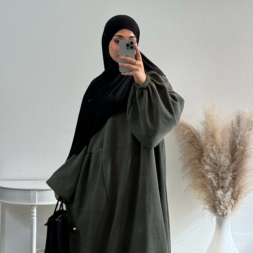 Latest Islamic Muslim Women Autumn Winter Abaya Dress Turkey Dubai Modest Corduroy Loose Casual Dresses Abaya Women Muslim Dress
