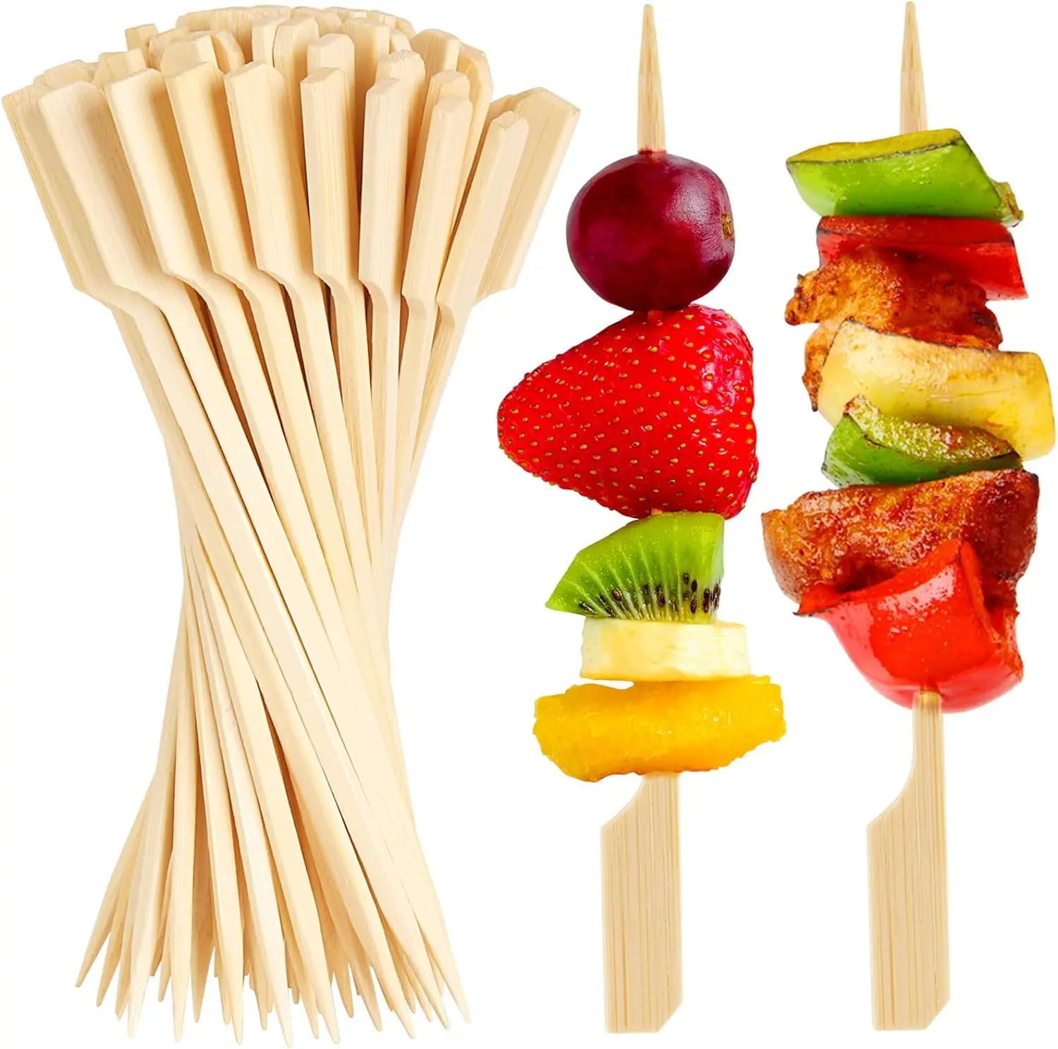 Bamboo Skewers 4.7 Inch Sturdy Flat Appetizer Toothpicks for Fruit Grilling Drink Barbecue Cocktail Kababs Sausage 100PCS