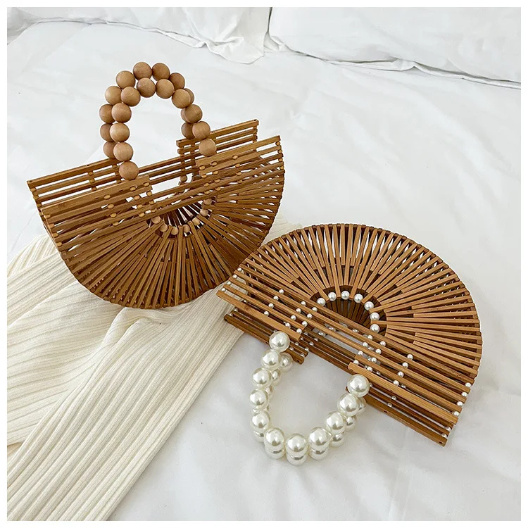 Pearl Chains New Bamboo Woven Hand Bags for Women Semicircle Hollow Vacation Purses and Handbags Luxury Half Round Crossbody Bag