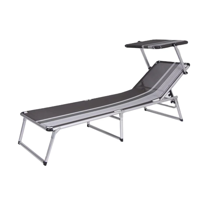 Hot-Selling Camping Folding Bed Alu Outdoor Sun Bed Portable Beach Lounger W/Sun Shade