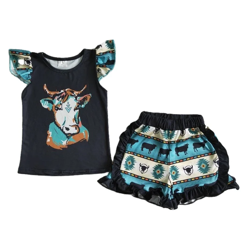 Western Country Cow Summer Clothes Wholesale Children Baby Girl Short Sleeve Farm Shirt Top Set Kid Green Shorts Outfit Clothing
