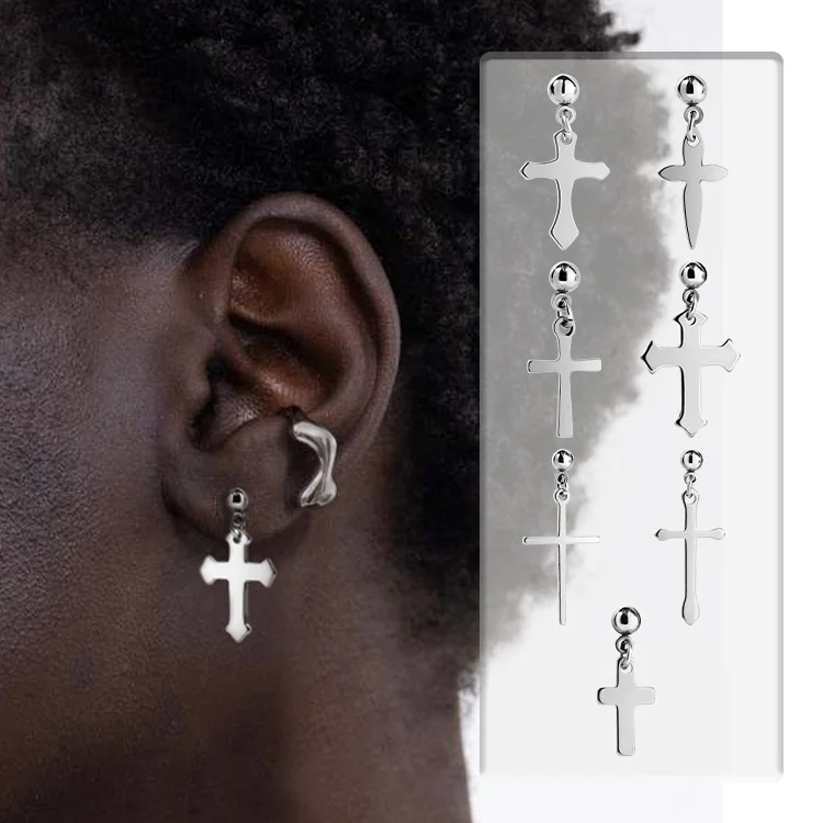 Personalized Gold Plated Silver Gothic Stud Earring Stainless Steel Cross Earrings For Men