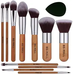 Hot Sell BS-MALL 11Pcs Vegan Bamboo Handle Face Makeup Brushes Cruelty-free Custom Logo Synthetic Makeup Brushes Makeup Sponge