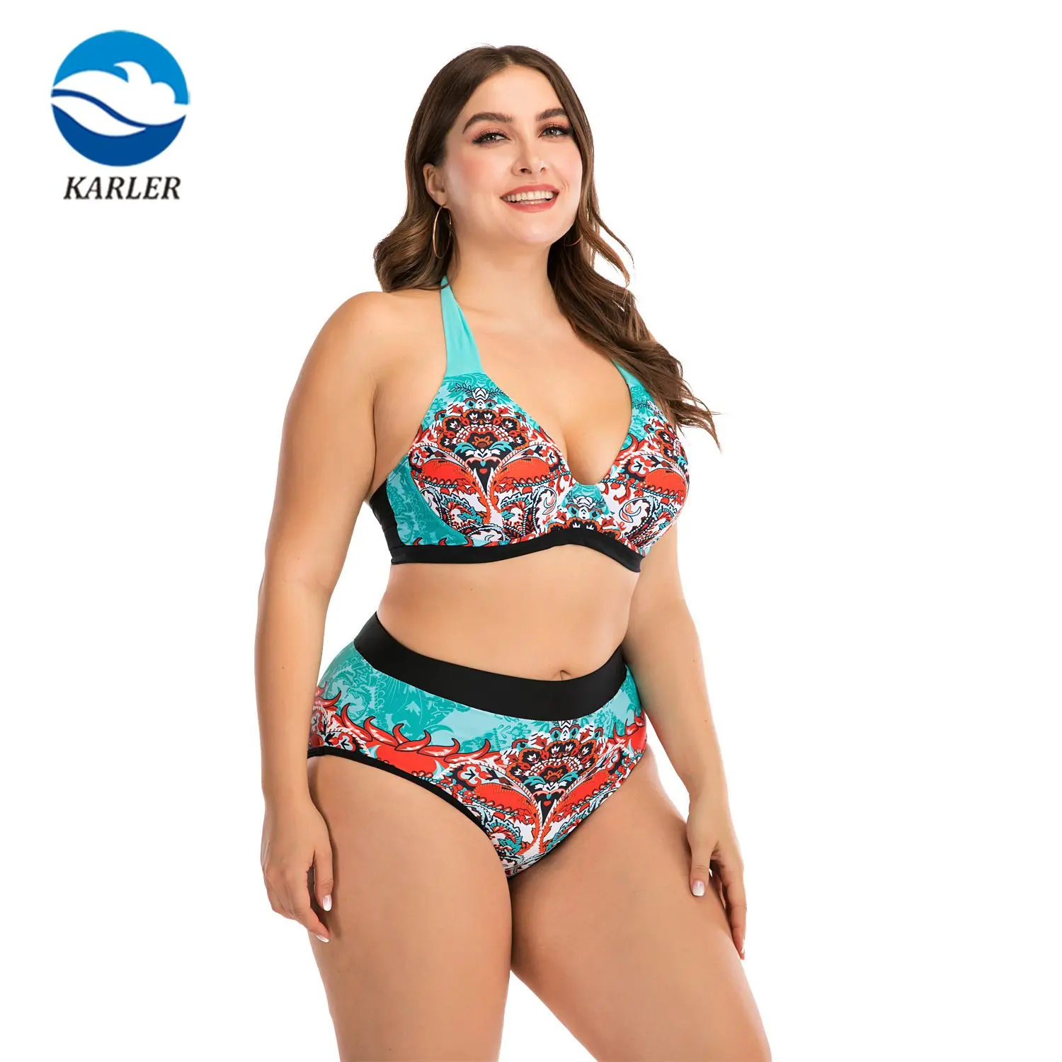 In Stock Women Beach Bikini Push Up Straps V Neck Two Pieces Retro Green Tie Back High Rise Female Plus Size Swimsuit
