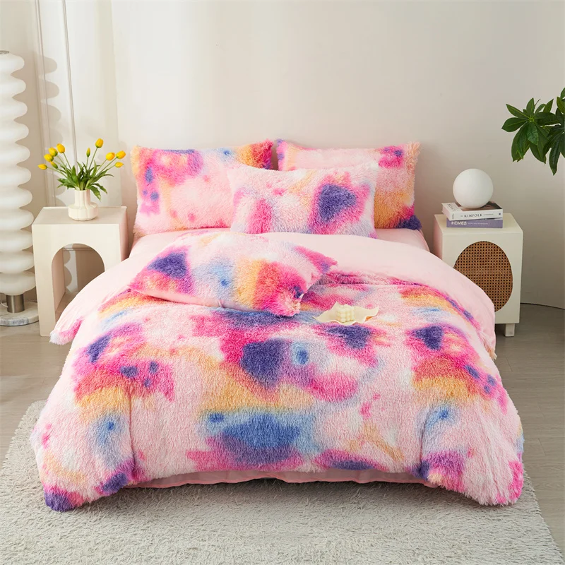 2024 New Style Painting Winter Bedding Set 4pcs Long Hair Duvet Cover Flat Sheet Pillowcase Warm Thicken Fluffy Bed Linens