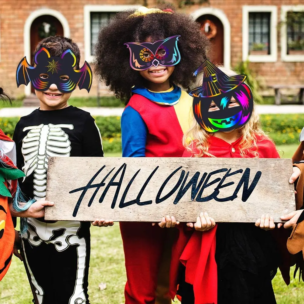 Magic Scratch Art Rainbow Scratch Paper Animal Masks Elastic Cords Scratching for Party Halloween Dress-Up