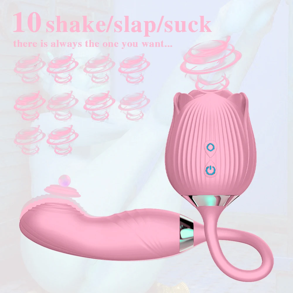 Waterproof Adult Silicone Rose Shaped 2 In 1 Clit Sucker Rose Sex Toys Clitoral Sucking Vibrating Dildo Rose Vibrator For Woman