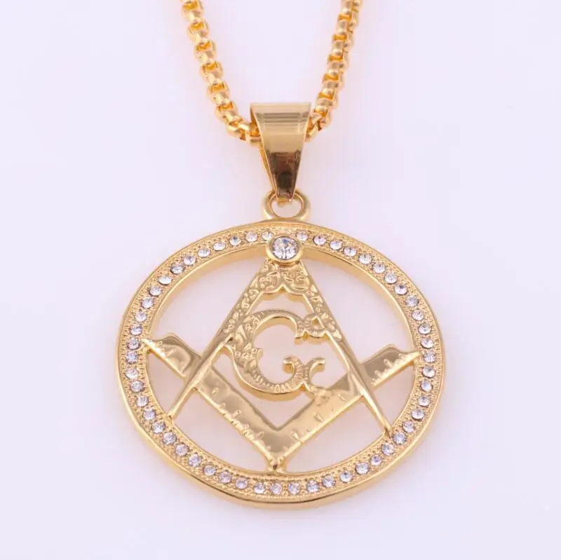 2020 Hip hop jewelry full rhinestones Masonic charm necklace wholesale gold chain necklace for man