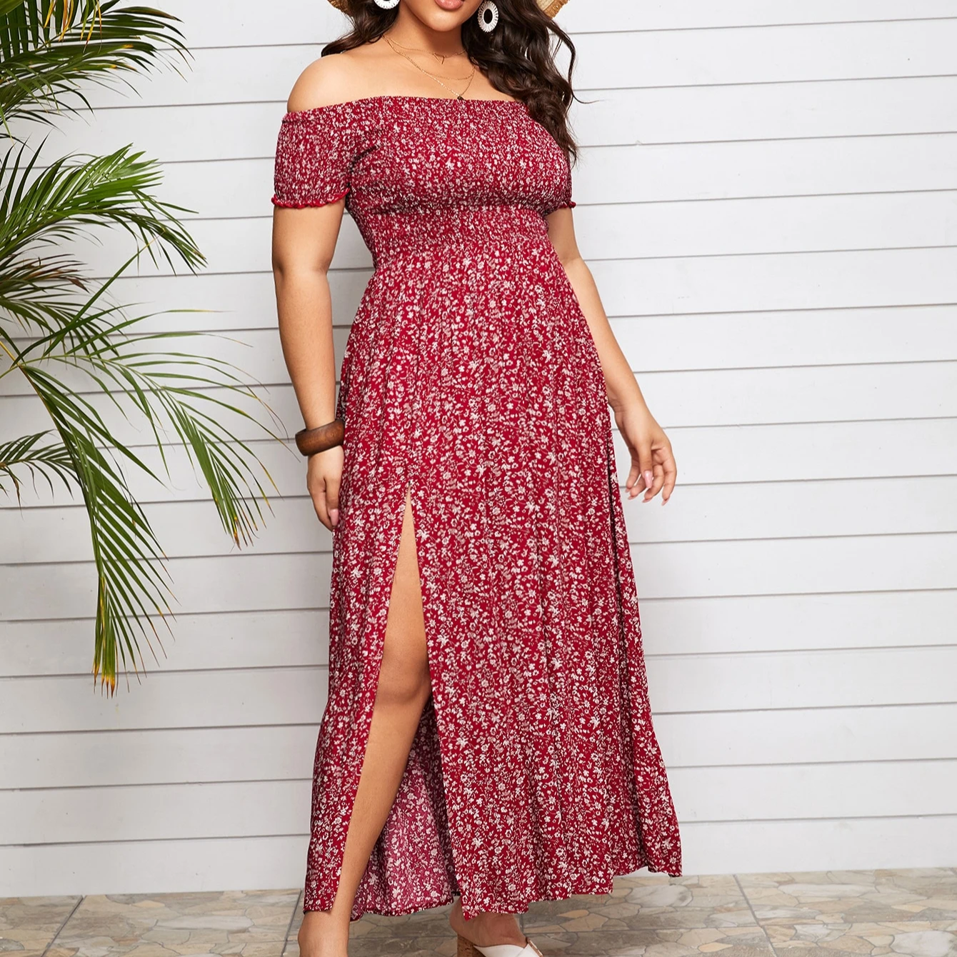 2023 Plus Off Shoulder Shirred Split Ditsy Floral Dress, oem clothing vestidos para mujer women summer dress 2023