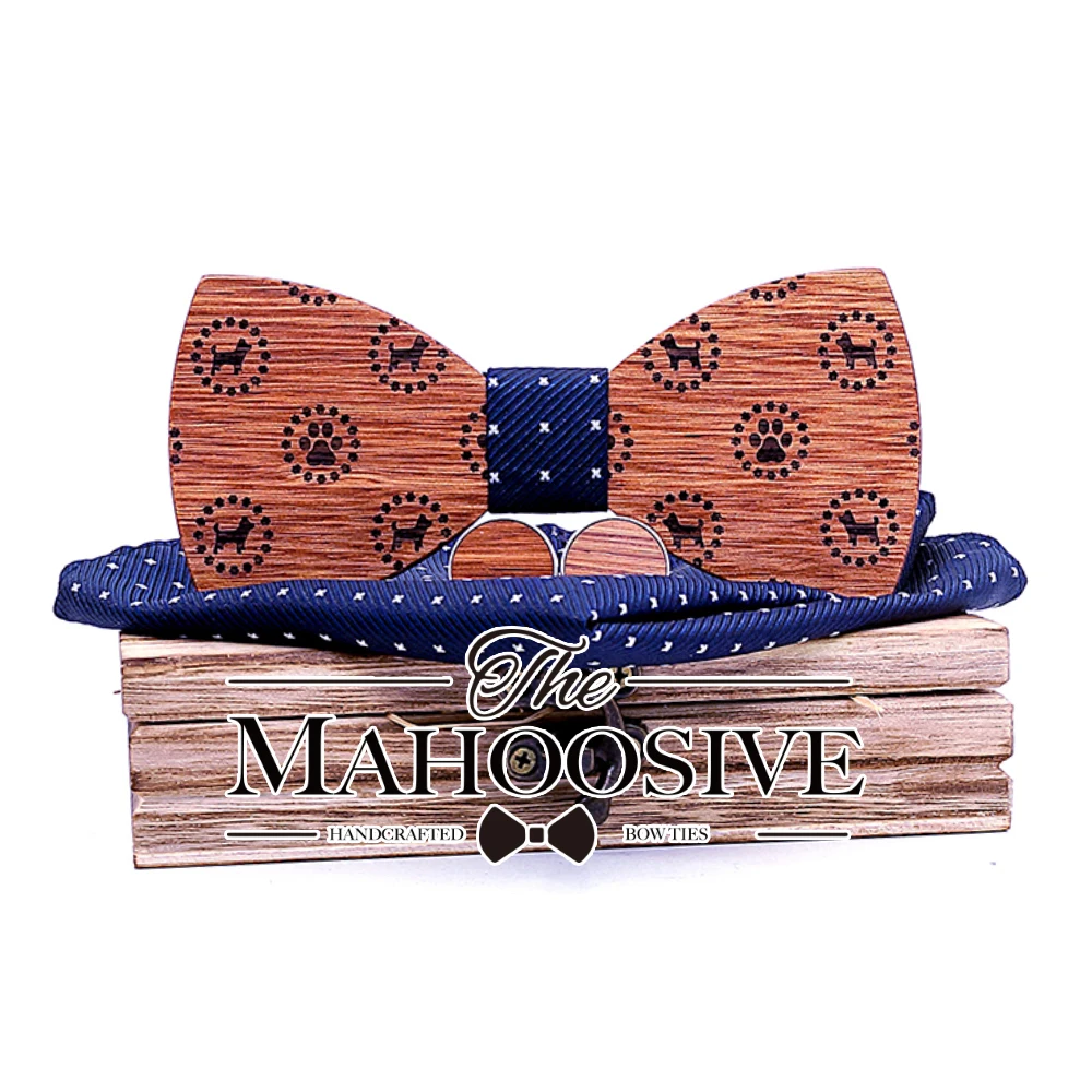 Wooden Dog Engraving Bow Tie Men High Quality Wooden Bow Ties Classic Business Butterfly Solid Wood Cufflinks Hanky Sets