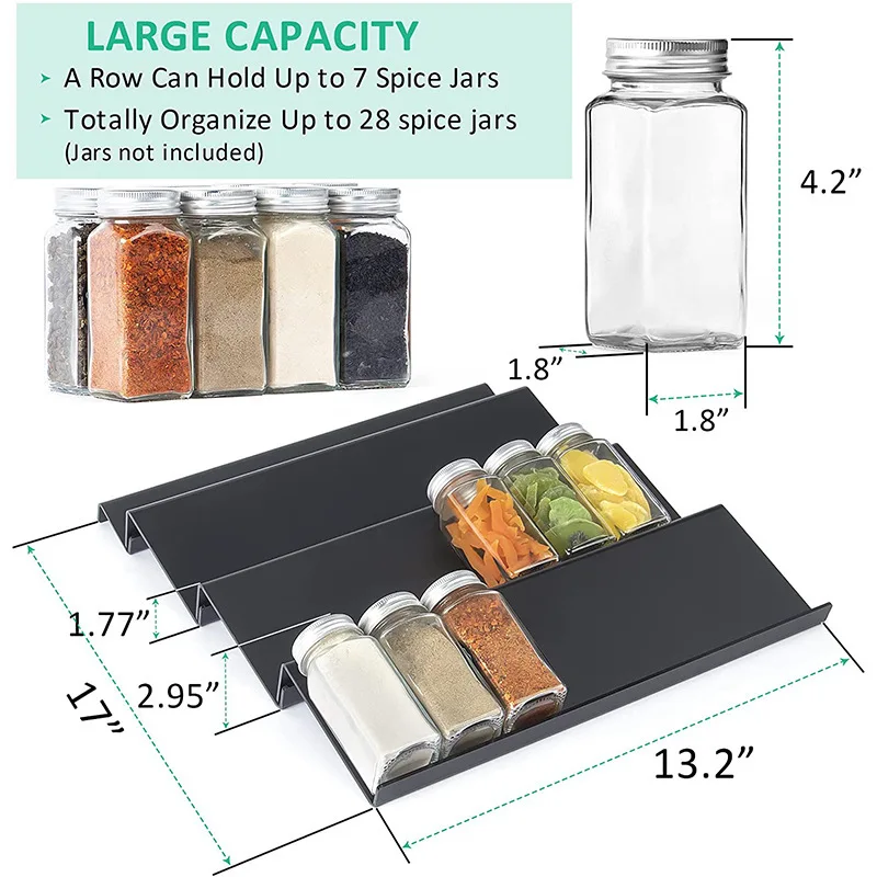Upgrade Black Expandable Spice Drawer Rack Organizer Insert for Kitchen Cabinet and Drawer