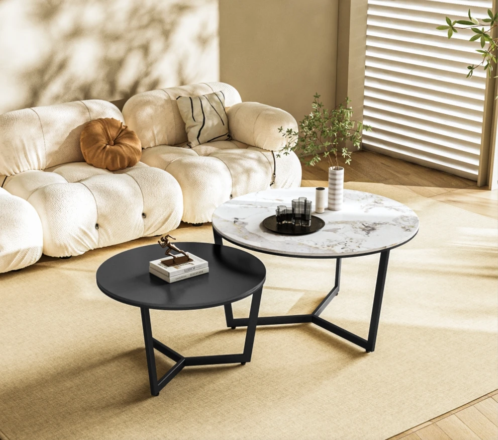 Set of 2 Nesting Round Shape Marble Table Top Tea Table Set Center Living Room Furniture Metal Frame Luxury Marble Coffee Table