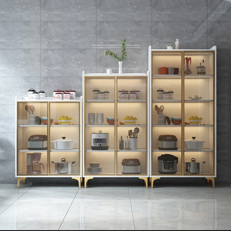 Modern Simple Cupboard Kitchen Floor Cabinet Light Luxury Glass Door Metal Foot Side Cabinet