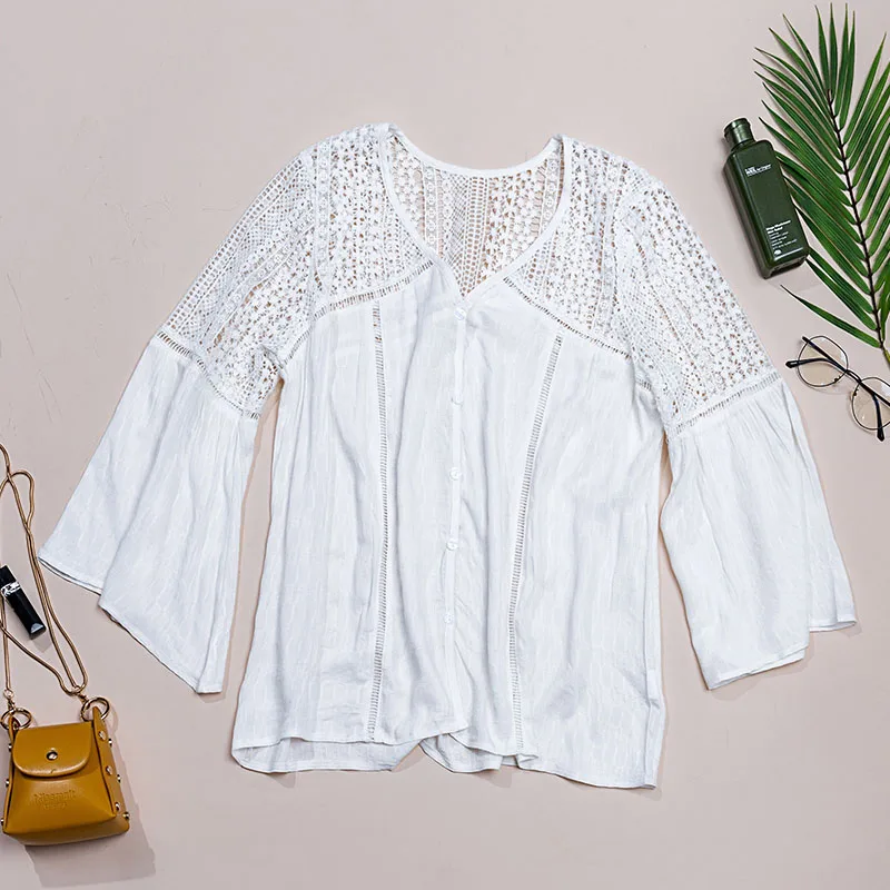 Женская шифоновая блузка с V-образным вырезом, длинным Расклешенным рукавом