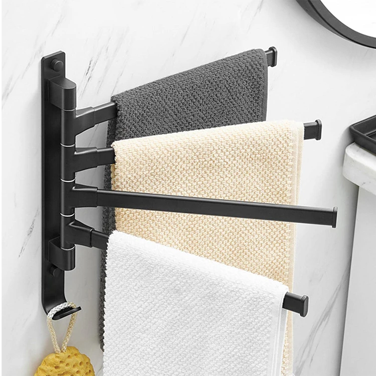 Wall-Mounted Punch Free Strong Load-Bearing Capacity Bathroom Black Rotary Towel Rack Swing Towel Rail