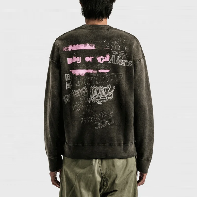 Custom Logo Design Vintage Graffiti Print Streetwear Paint Distressed Hoodie Round-Neck Sweatshirt
