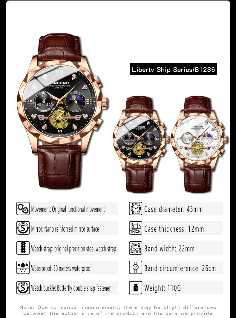 BINBOND B1236 Mens Wristwatches Top Brand Luxury Tourbillon Quartz Watch for Men Sport Leather Strap Waterproof Clock Relogio