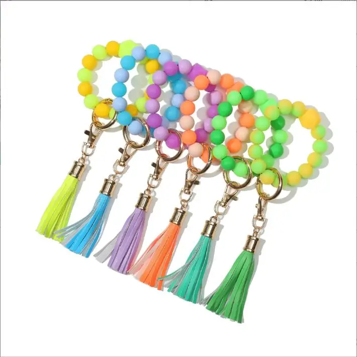 Wristband Keychain Wristlet Bangles Holder Pendant Fluorescent Tassel Key Chain Wrist Keyring Silicone Bead Bracelet