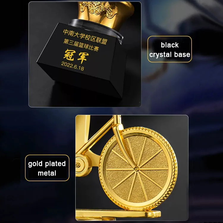 Custom Sports Award Football Metal Cycling Statue Gold Sport Trophy Cups With Black Crystal Glass Base Supplies