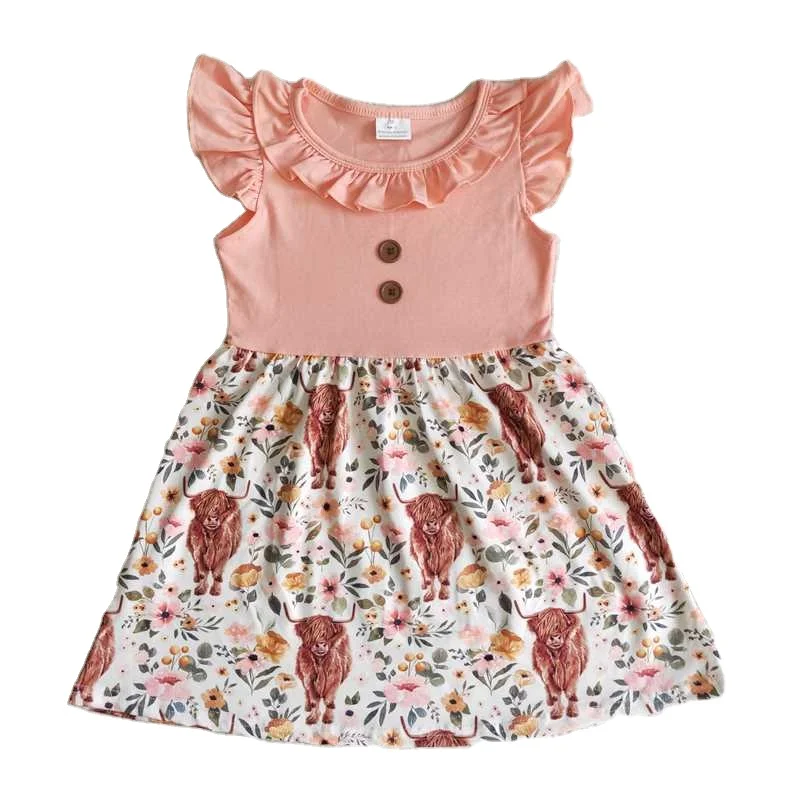 B13-30   Summer Fashion National Day Girls Cow Flower Pink Flying Sleeve Dress Sweet and cute Outfit