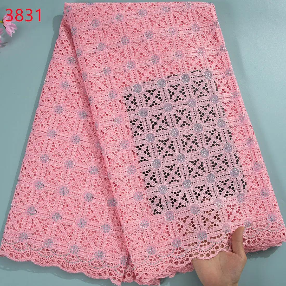 3831Luxury High Quality African Embroidery Cotton Lace Fabric With Shiny Crystals Swiss Lace For Dresses Sewing