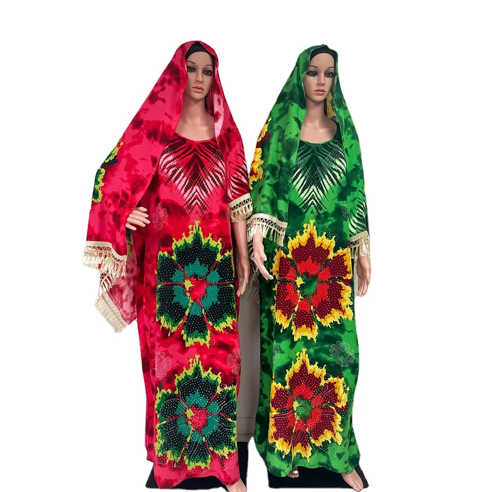 MC-1657 High Quality African Hand Tie Dye Kaftan abaya with Scarf big size elegant fast colors Dresses