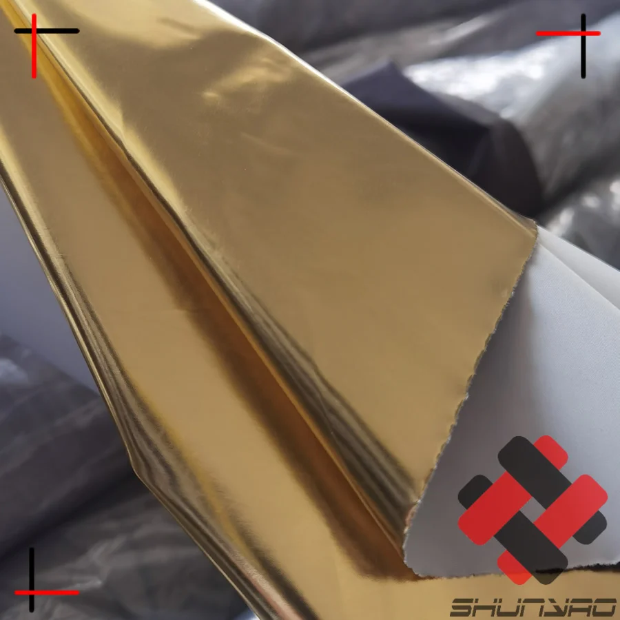 polyester PU leather waterproof gold metallic foil fabric for garment and upholstery