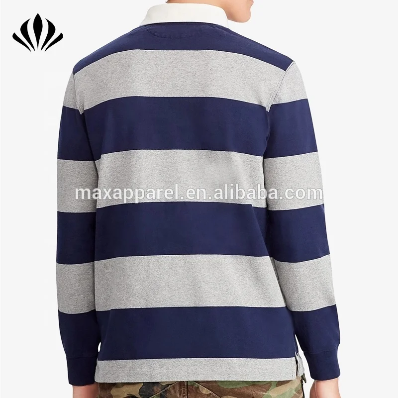 Mens classic fit grey/navy striped rugby shirt 100% cotton jersey long sleeve polo shirt